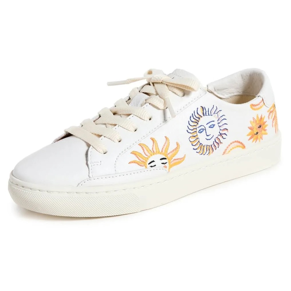 Soludos White Leather Sneakers with Yellow & Blue Sun Embroidery